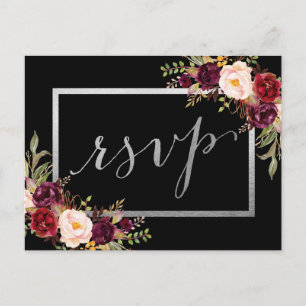 Carte Postale Silver Foil Bourgogne Floral Black Wedding RSVP