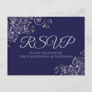 Carte Postale Silver Frills Elegant Marine Blue Wedding RSVP