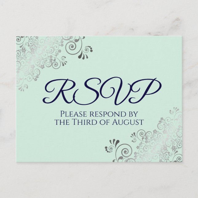 Carte Postale Silver Frills Mint Green & Navy Blue Wedding RSVP (Devant)