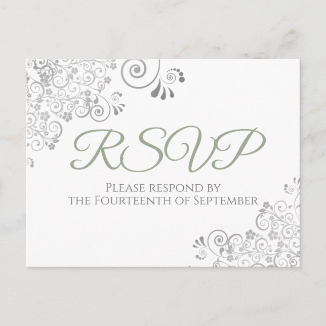 Carte Postale Silver Frills Simple Chic Sage Vert Mariage RSVP (Devant)
