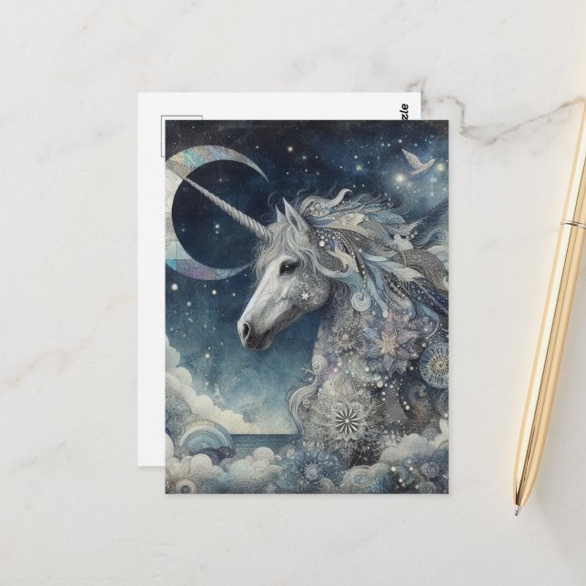 Carte Postale Silver Unicorn Collage With Moon (Devant/Arrière en situation)