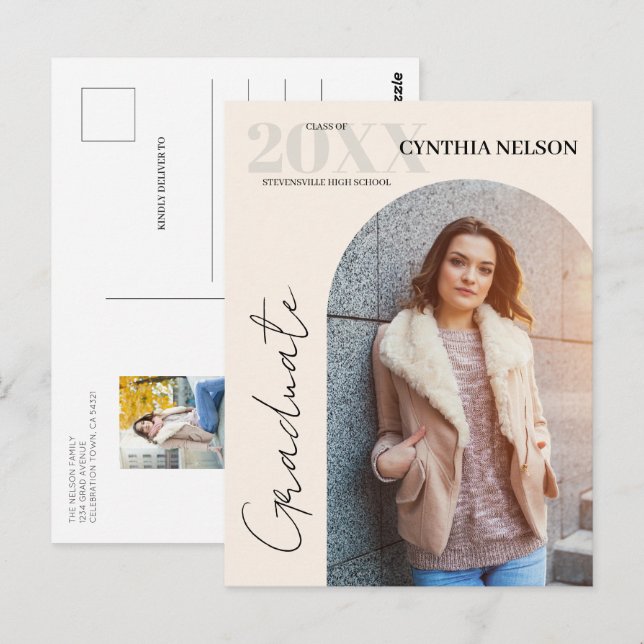 Carte Postale Simple Arc Photo Beige Graduation Faire-part (Devant / Derrière)