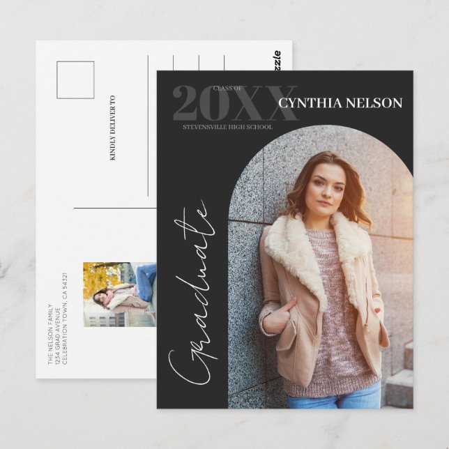 Carte Postale Simple Arc Photo Black Graduation Faire-part (Devant / Derrière)