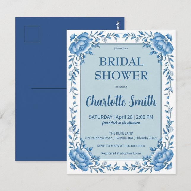Carte Postale Simple Blue Chinoiserie shower de mariage floral (Devant / Derrière)