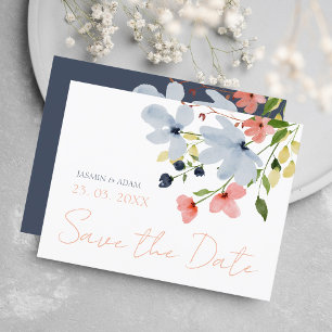 Carte Postale Simple Boho bleu rose rose mariage floral Enregist