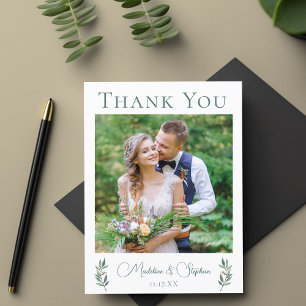 Carte Postale Simple Chic Photo de Mariage Remerciement de Feuil