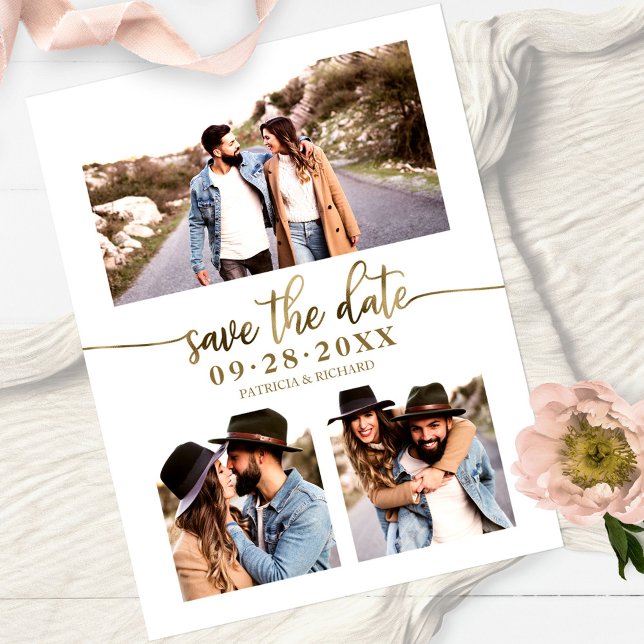 Carte Postale Simple Collage De 3 Photos De Mariage Save The Dat (Créateur téléchargé)
