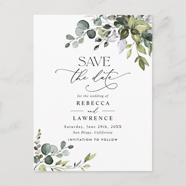 Carte Postale Simple Eucalyptus Green Wedding Enregistrer la dat (Devant)