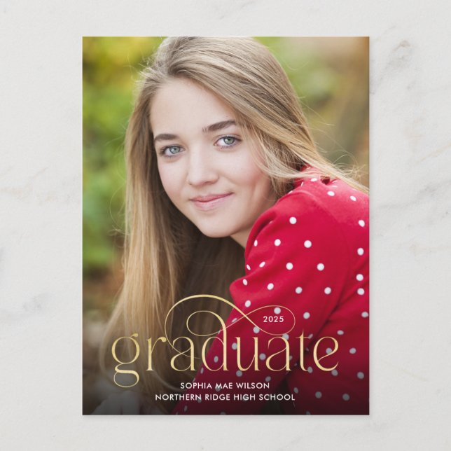 Carte Postale Simple Flourish Minimal Gold Type Photo Graduation (Devant)