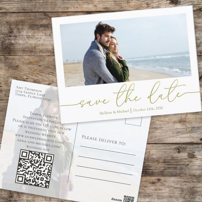 Carte Postale Simple Gold Calligraphie moderne Photo QR Code (Créateur téléchargé)