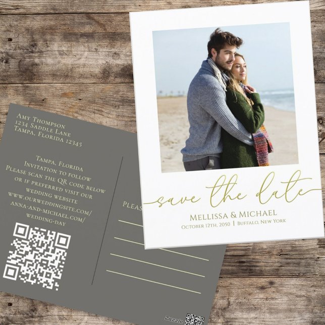 Carte Postale Simple Gold Calligraphie Script Photo QR Code (Créateur téléchargé)