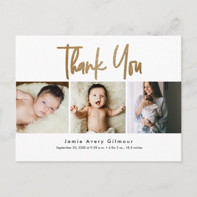 Carte Postale Simple Gold Script photo collage bébé merci (Devant)