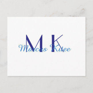 Carte Postale simple minimal monogram personalized name blue ret