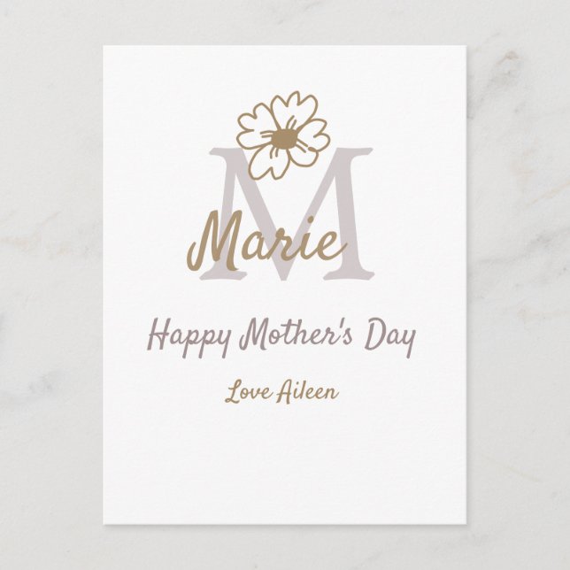 Carte Postale simple minimal mother's day monogram golden gray f (Devant)