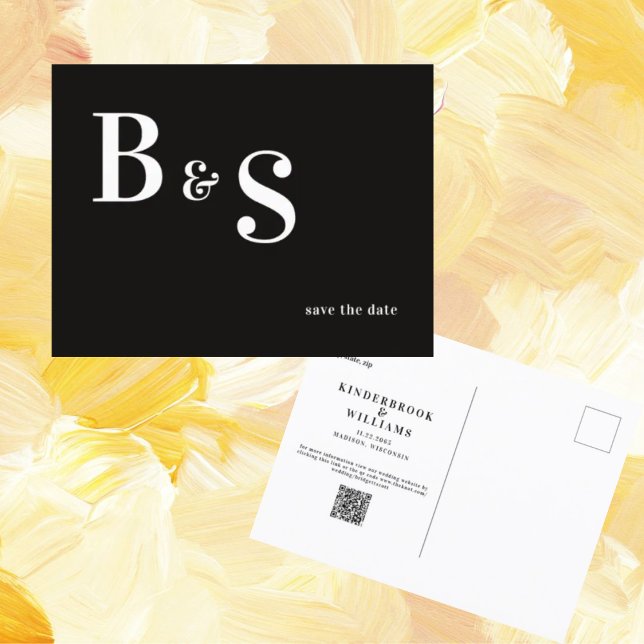 Carte Postale Simple Moderne B/N Monogramme Code QR Enregistrer  (Créateur téléchargé)
