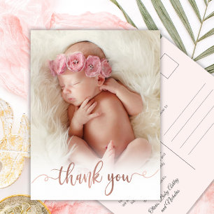 Carte Postale Simple Rose Gold Script Baby Photo Merci