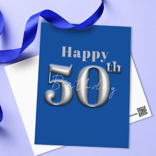 Carte Postale Simple Royal Blue moderne et Silver 50e anniversai