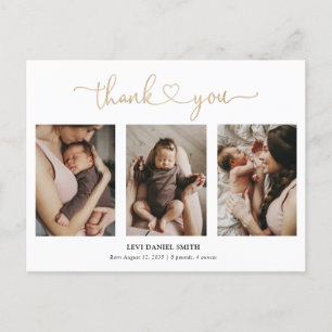 Carte Postale Simple Script Coeur en Or 3 Photo Bébé Merci