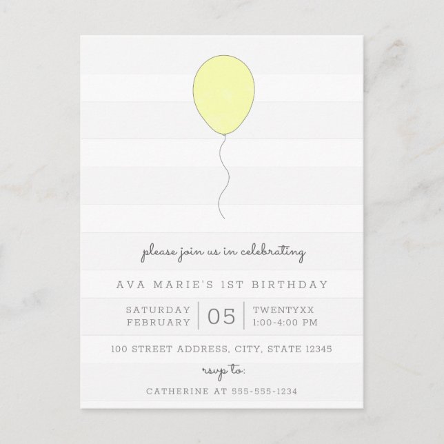 Carte Postale Simple Shabby Chic Gris & Jaune Ballon Anniversair (Devant)