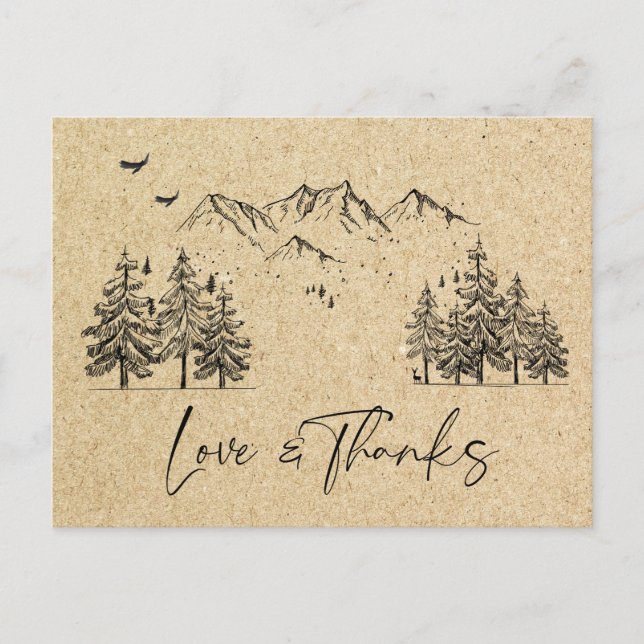 Carte Postale Simulée Kraft Papier Forêt Montagnes Merci (Devant)