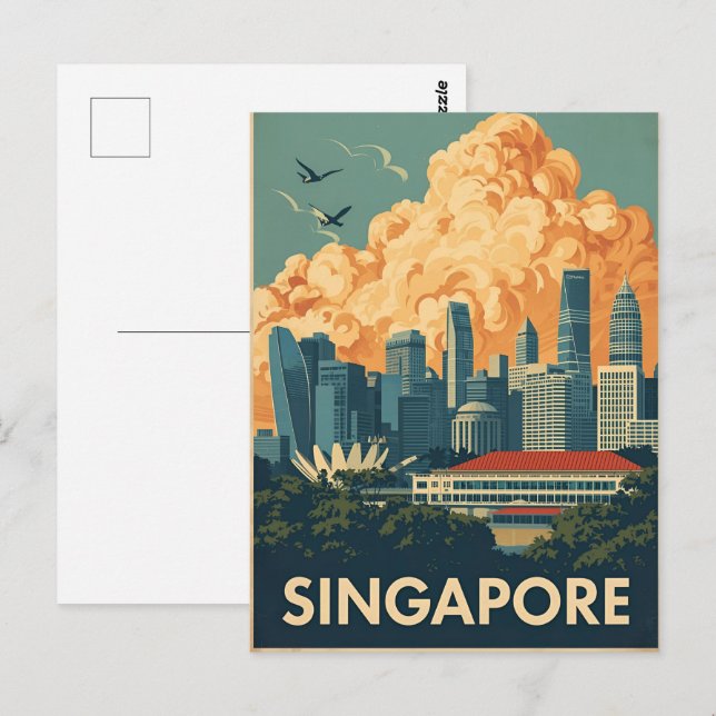 Carte Postale Singapore city retro Skyline (Devant / Derrière)