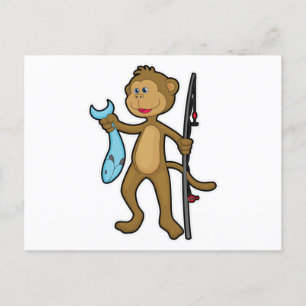 Carte Postale Singe à la pêche avec canne à pêche et poisson