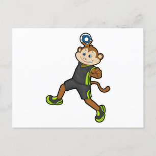 Carte Postale Singe chez joueur de handball avec ballon de handb