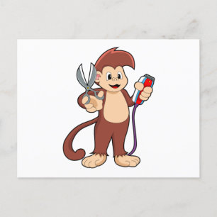 Carte Postale Singe comme coiffeur avec ciseaux et razor