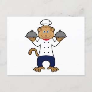Carte Postale Singe cuisinier avec assiettes de service
