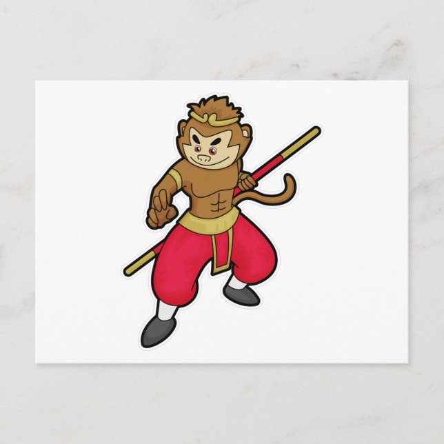 Carte Postale Singe en Guerrier avec Bâton & Bandeau (Devant)