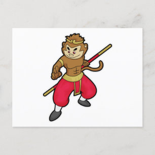 Carte Postale Singe en Guerrier avec Bâton et Bandeau