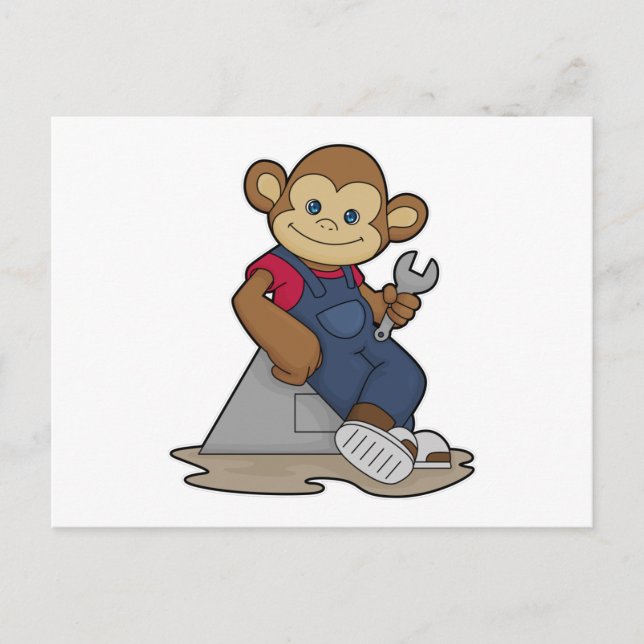 Carte Postale Singe en mécanicien avec clé anglaise (Devant)