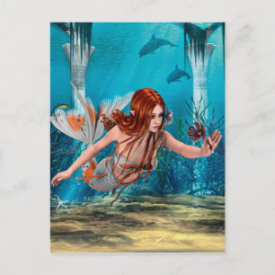 Carte Postale Sirène aux Cheveux Rouges Art Fantastique Sous-Mar