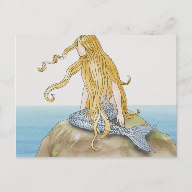 Carte Postale Sirène blonde assise sur la roche de mer, vue laté (Devant)