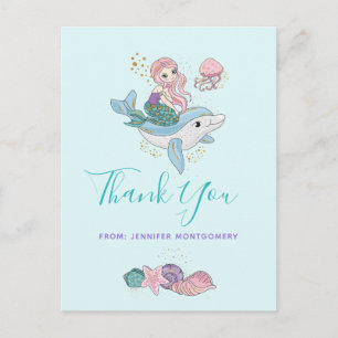 Carte Postale Sirène chevauchant un dauphin sous le Merci marin