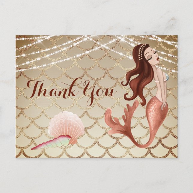 Carte Postale Sirène en or Rose avec Merci Seashells (Devant)