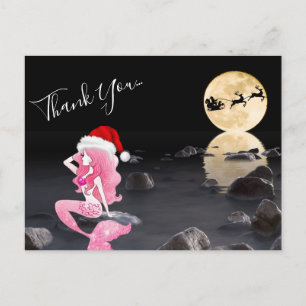 Carte Postale Sirène en rose et Pleine lune de Santa Hat Merci