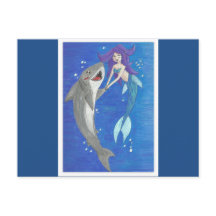 Carte postale Sirène et Amis du requin