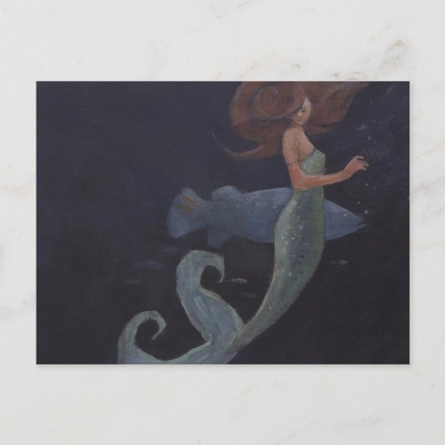 Carte Postale Sirène et poisson bleu (Devant)