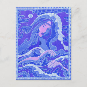 Carte Postale Sirène, Fille Asiatique, Rose Bleu