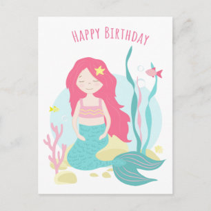 Carte Postale    Sirène mignonne Anniversaire rose et menthe pou