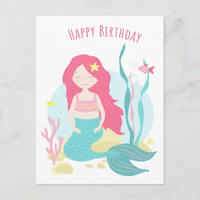 Carte Postale    Sirène mignonne Rose et Menthe Anniversaire pou (Devant)