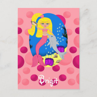 Carte Postale Sirène rose dans l'océan avec un dauphin