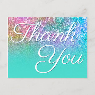 Carte Postale Sirène Turquoise Ombré Bokeh Paillettes Merci