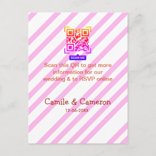 Carte Postale SITE WEB DE MARIAGE QR rose nom date moderne rayé