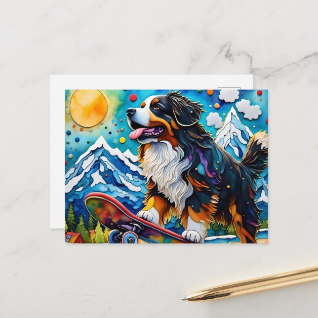 Carte Postale Skateboard Bernese Mountain Dog (Devant/Arrière en situation)