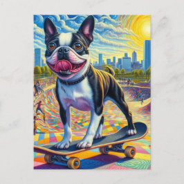 Carte Postale Skateboard Boston Terrier Coloré Amusement Surreal