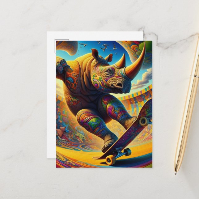 Carte Postale Skateboard coloré Rhino (Devant/Arrière en situation)