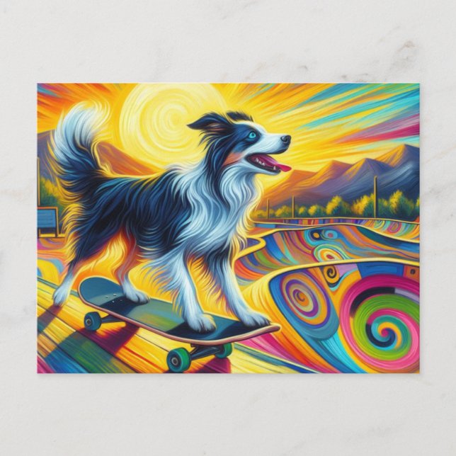 Carte Postale Skateboard Colorée Frontière Surréelle Collie (Devant)