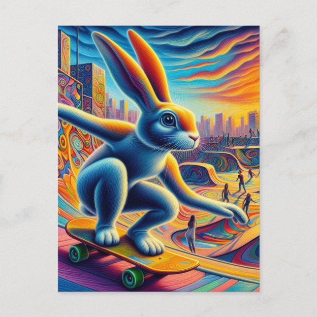 Carte Postale Skateboard Rabbit Coloré Amusement Surreal (Devant)